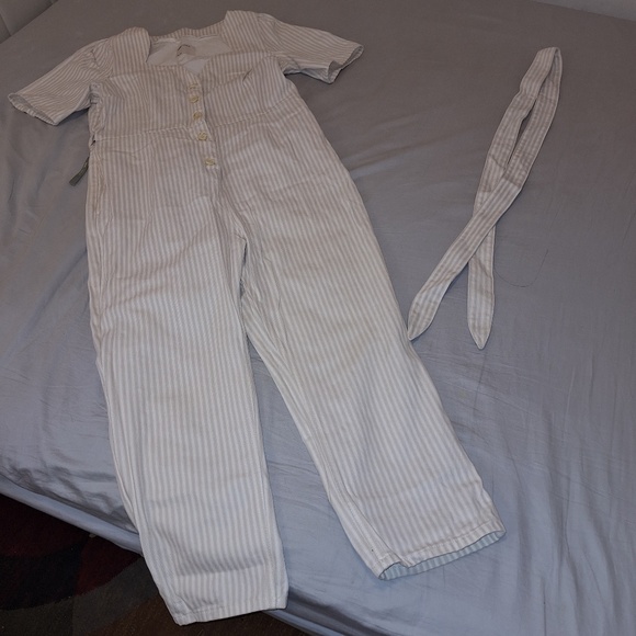 Striped Cotton Jumpsuit Sweetheart Neckline Tie Waist White Grey US12 - US14 - Picture 4 of 11